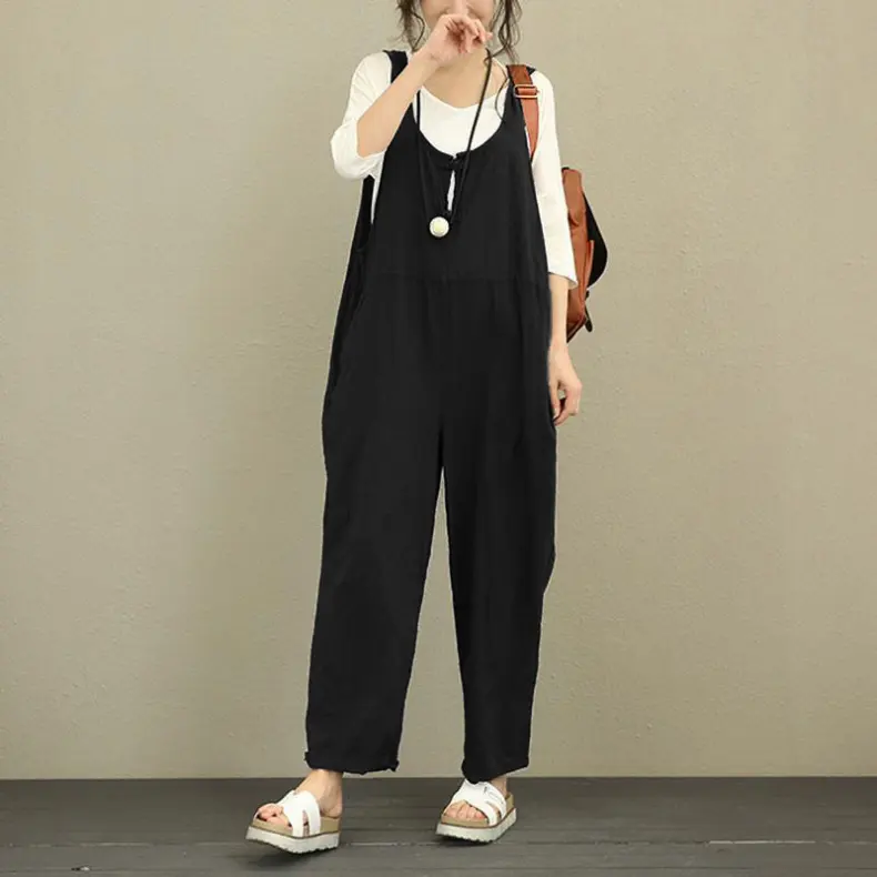 Women's Loose Vest Top Solid Color Overalls Women Jumpsuits Vintage Side Pockets Classics Overall
