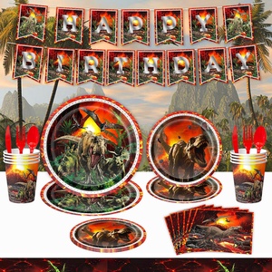 Décorations de fête de <span class=keywords><strong>dinosaure</strong></span> du volcan jurassique de vente chaude, vaisselle d'<span class=keywords><strong>anniversaire</strong></span>, assiettes en papier, serviettes, nappes et ensembles - Product Image 4