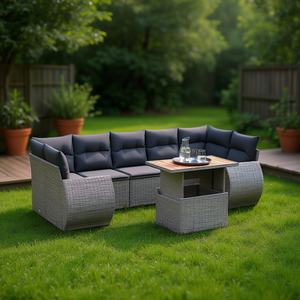 Conjunto de Sofás de Jardín de Ratán Gris, 6 Plazas, Muebles de Exterior Resistentes a la Intemperie, Diseño Contemporáneo - Product Image 2