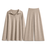Ensemble tricoté deux pièces col polo pour femme, pull oversize et pantalon large à taille élastique, manches longues, vente en gros ODM