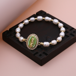 Bracelet fait main en or 18 carats plaqué or, quartz rose, Vierge <span class=keywords><strong>Marie</strong></span>, micro-pavé CZ, médaille religieuse pour femmes, bijoux spirituels - Product Image 4