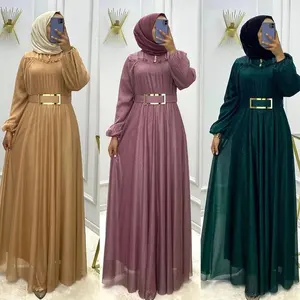 OEM Turki jubah hijau desain terbaru gaun Muslim sederhana panjang wanita Dubai dari pakaian Islami gaun malam Muslim