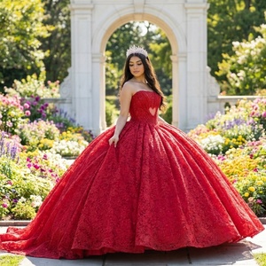 Dy8549 ชุดเดรสชีฟองสีแดงสำหรับงาน Quinceanera หรืองานแต่งงาน คอรูปหัวใจ ตกแต่งด้วยลูกไม้ ปิดไหล่ ความยาวระดับข้อเท้า - Product Image 1