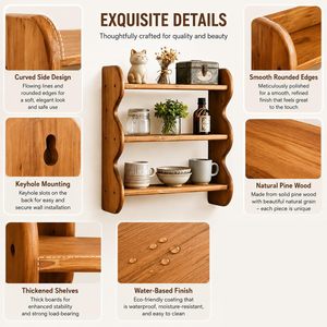 Étagère murale en bois massif à 3 niveaux, forme ondulée, pour l'affichage des épices dans la cuisine - Product Image 3