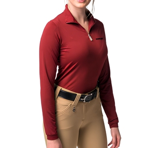 Chemise d'équitation à manches longues pour femme, col zippé, coupe ajustée, anti-humidité, sous-couche équestre, couleur unie, personnalisable - Product Image 1