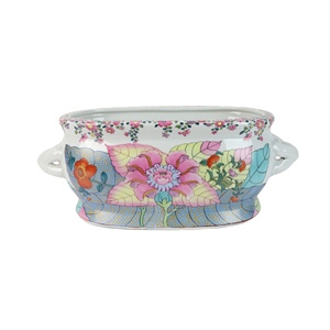 Maceta de porcelana china antigua, maceta de cerámica de forma ovalada pintada <span class=keywords><strong>a</strong></span> <span class=keywords><strong>mano</strong></span> Floral para interiores y exteriores - Product Image 1