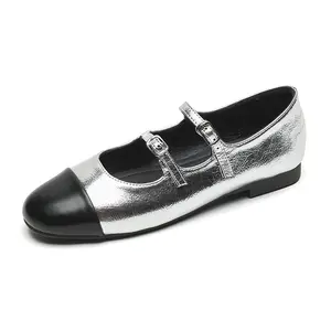 Large Size 43 Silver Mary Jane Shoes Women Double Strap Buckle Round Toe Flat Pumps Women's Shoes