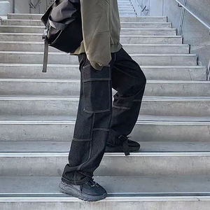 Pantalones vaqueros holgados rectos al por mayor para hombre, jeans personalizados de moda casual para hombre, pantalones de mezclilla de cintura media, jeans cargo de color sólido con costuras. - Product Image 3