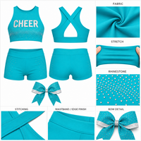 Ensemble de soutien-gorge et short de cheerleading personnalisé, vert aqua, avec strass épars, col montant et dos en X, pour entraînement