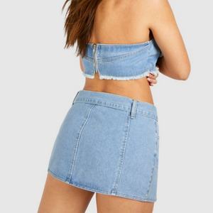 Jupe en jean mini taille basse Y2K la plus vendue avec ceinture et découpe avant, bleu clair, pour femme - Product Image 2