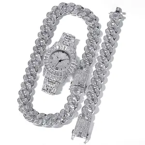 Pulseira hip hop corrente cubana, moda hip hop joias gelado fora pulseira colar e relógio conjunto cheio de strass diamante