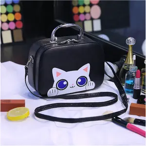 Lüks siyah sevimli kedi desen Pu deri makyaj çanta naylon fermuar gümüş kol güzellik depolama fırçaları organizatör çantası kız için