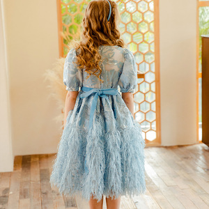 Robes pour filles juniors personnalisées en usine, à manches courtes, en jacquard, de haute qualité, avec jupe à plumes, pour fêtes d'enfants et spectacles d'anniversaire - Product Image 4