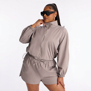 Ensemble veste coupe-vent légère et short pour femme, col haut, fermeture éclair, taille élastique, cordon de serrage, vêtements de sport décontractés, ensemble deux pièces - Product Image 1