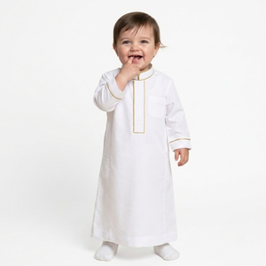 Thobe décontracté en coton doux pour enfants, longueur cheville, manches longues, boutonnage frontal, style Jubba Dishdasha, idéal pour l'Aïd - Product Image 1