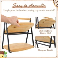 Support de service à 2 niveaux en bambou avec cadre métallique, plateau de présentation à double couche pour gâteaux, collations, décorations de fête du thé de l'après-midi