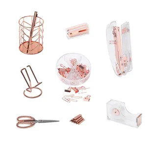 Manufacturer Custom Logo Desk Table Set Acrylic Rose Gold Stapler Stationery Gift Office Accessories Desk Set