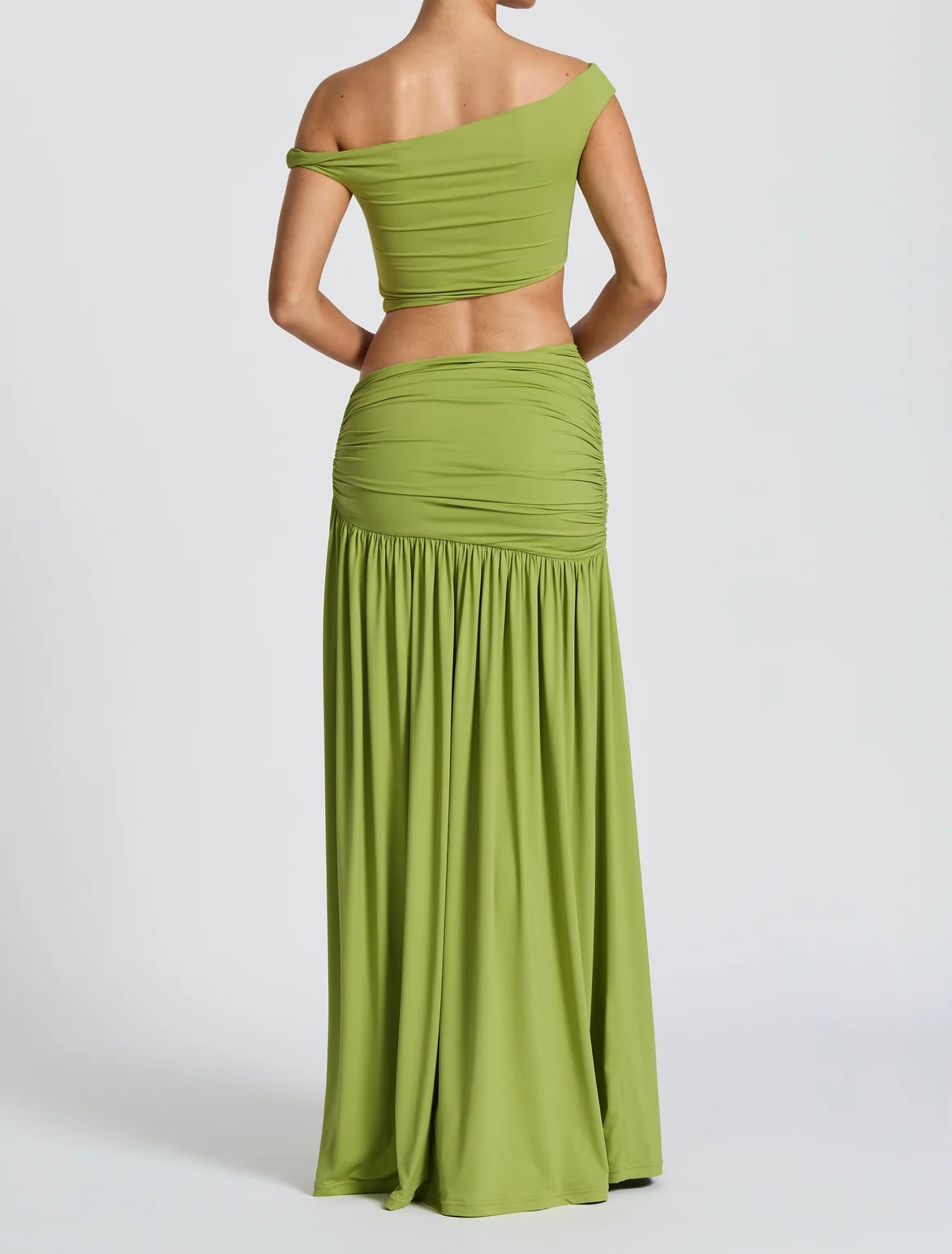 OEM Ladies Solid Stretch Knit Two Piece Outfit Asymmetrical Off Shoulder Crop Top Side Slit Ruched Long Skirt Set for Women · image 2
