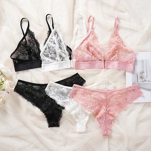 フレンチスタイルプラスサイズのレーストリムシースルーランジェリーセットT字型フロントクロージャースチールフリーブラとひもブラ & ブリーフセット - Product Image 5