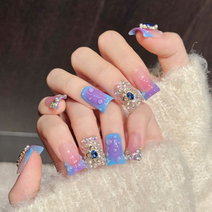 <span class=keywords><strong>Faux</strong></span> <span class=keywords><strong>ongles</strong></span> à presser en forme de bec de canard, 10 pièces, réutilisables, avec strass de luxe, courts, bleu et rose, artificiels - Product Image 3