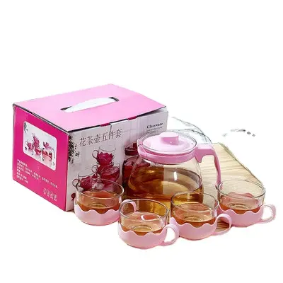 china hot-selling tea set with pink kettles and cups in colorful handbags