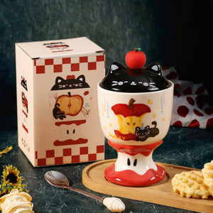 Taza de copa de manzana de gato de cerámica ecológica de buen aspecto con tapa apta para lavavajillas recuerdo y regalo de fiesta de cumpleaños perfecto - Product Image 2