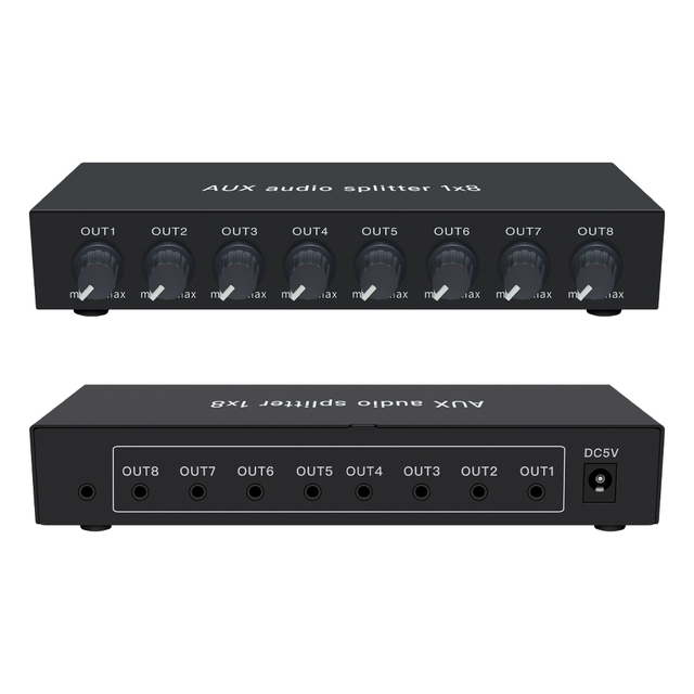 AUX3.5 Stereo Audio Splitter 1 in 8out with Independent Volume Adjustment 15db Headset Monitor