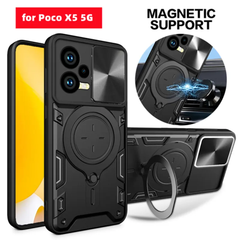 Poco X5 5G Case Schuifcamera Lensbescherming Ringhouder Pantser Schokbestendige Coque Voor Xiaomi Poco Poko Little X5 X 5 5G Achterkant
