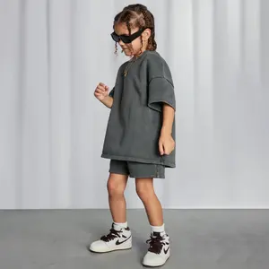 Ropa de calle Vintage para niños pequeños, Conjunto de camiseta y pantalones cortos de Color lavado ácido para verano