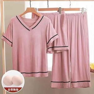 Women's Simple V-Neck <strong>Cropped</strong> Shorts <strong>Pyjamas</strong> with Breast Pad Elastic Waist Three-Piece Home Wear for Spring Summer - Product Image 2