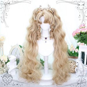Perruque Lolita longue bouclée rose doré avec frange, double queue de cheval, en fibre synthétique Kanekalon, style ligne de cheveux naturelle - Product Image 4