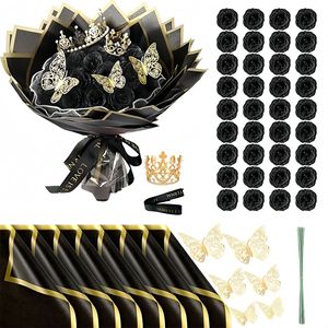 Ramo de Rosas de Polvo de <span class=keywords><strong>Oro</strong></span> Chino, Superventas Transfronterizo, Flor Eterna, Regalo de Aniversario, Hecho a Mano, DIY, Ramo de Corona de Mariposas 3D - Product Image 4