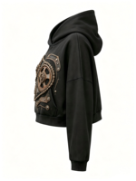 Sweat à capuche court unisexe noir délavé style vintage avec motif graphique d'engrenages et de chaînes steampunk, streetwear industriel