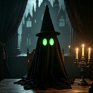 Figurine de table fantôme noir d'Halloween avec yeux verts lumineux et chapeau de sorcière, ornement de fête pour bureau - Product Image 4