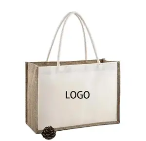 Özel baskılı Logo ile toptan eko yeniden alışveriş büyük kapasiteli jüt alışveriş çantası