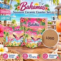 Ensemble de sous-verres en céramique souvenir des Bahamas des Caraïbes avec motif flamant rose et plage tropicale, support en liège, boîte cadeau, fournisseur en gros OEM ODM