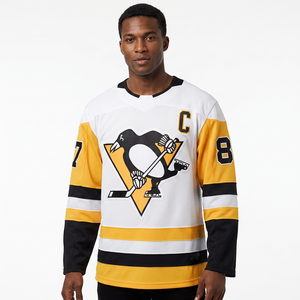 Pittsburgh Penguins ijshockeyshirt voor heren, wit, geel, zwart, volledige mouw, ronde hals, ademende mesh-kleding - Product Image 1