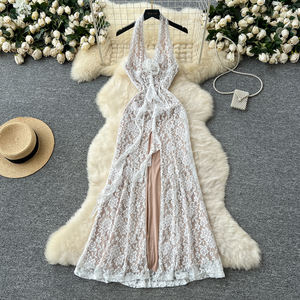 Elegante abito <span class=keywords><strong>Midi</strong></span> impero da donna con spacco alto e profondo a V in pizzo senza maniche senza maniche Design floreale per feste estive - Product Image 2