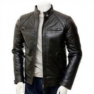 Chaqueta de Cuero Genuino Negra para Hombre, Corte Ajustado, Estilo Motero, Cafe Racer, de Piel Vacuna, con Hombros Acolchados, Vintage, Clásica y Personalizada - Product Image 1