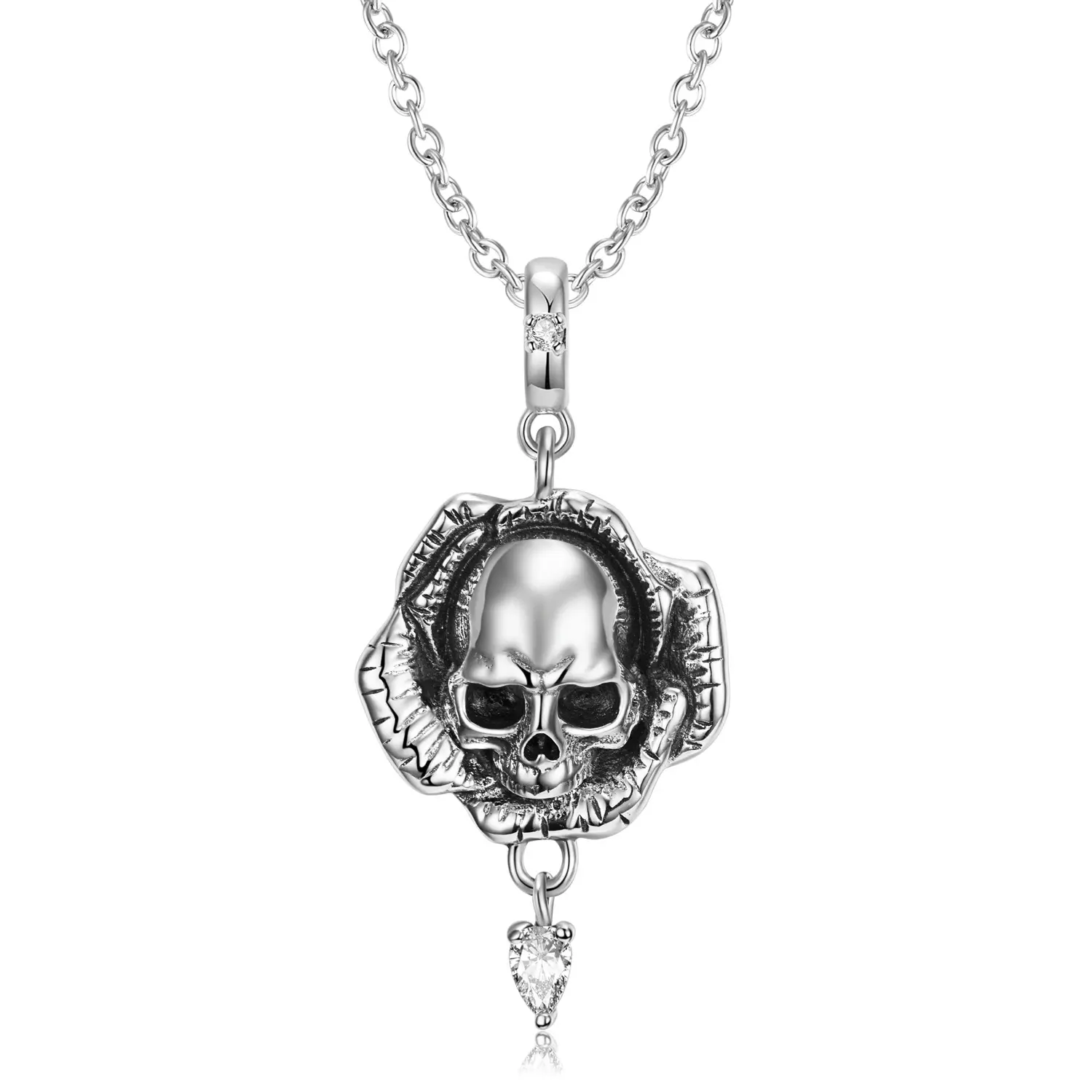 European And American Popular Skull Flower Pendant Dark Gothic Style Niche Gold Vermeil Jewelry 925 Sterling Silver Collar Mujer