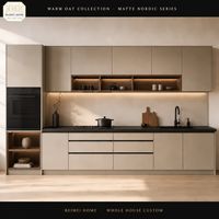 Meubles de cuisine sur mesure pour toute la maison, style nordique Japandi, gris mat, sans poignées, avec rainures, plan de travail en pierre noire, fabrication directe d'usine OEM