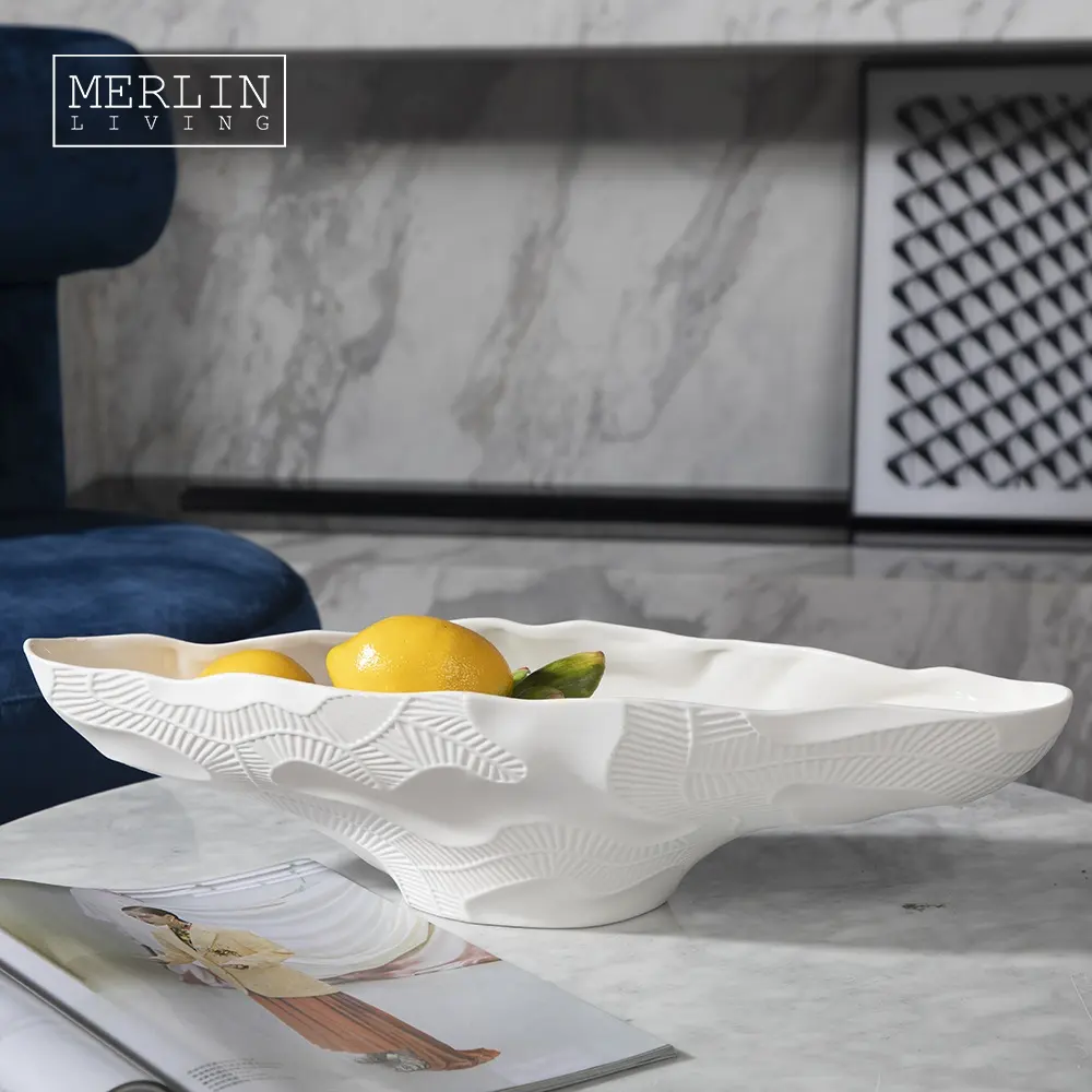 Merlin-plato de fruta seca de cerámica sin glasear, decoración moderna para el hogar, textura de hoja, tazón de fruta largo decorativo, mesa de decoración para bandeja de fruta