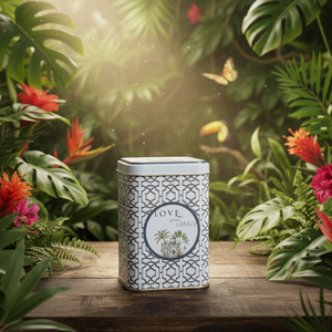 Caja de lata de metal cuadrada reciclable de 90x90x125mm, tapa deslizante de 1L con diseño de jungla tropical, un exuberante paraíso de naturaleza y vida silvestre - Product Image 3