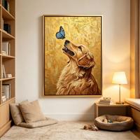 Lukisan Dinding Berbingkai Golden Retriever Kupu-kupu Biru Tekstur Emas Bingkai Emas Matte Dekorasi Hewan Peliharaan Gaya Farmhouse