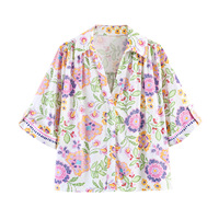 Ensemble chemise ample et pantalon large en lin et coton à imprimé floral bohème personnalisé, tenue de plage en deux pièces, OEM par une usine chinoise