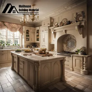 Lemari dapur desain mewah dicat putih klasik kabinet dapur kayu Solid dengan Pulau