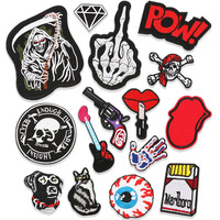 Lot mixte AliExpress : Patchs brodés en tissu polyester – Lame de mort, main fantôme, crâne de dessin animé, horreur, chat, chien