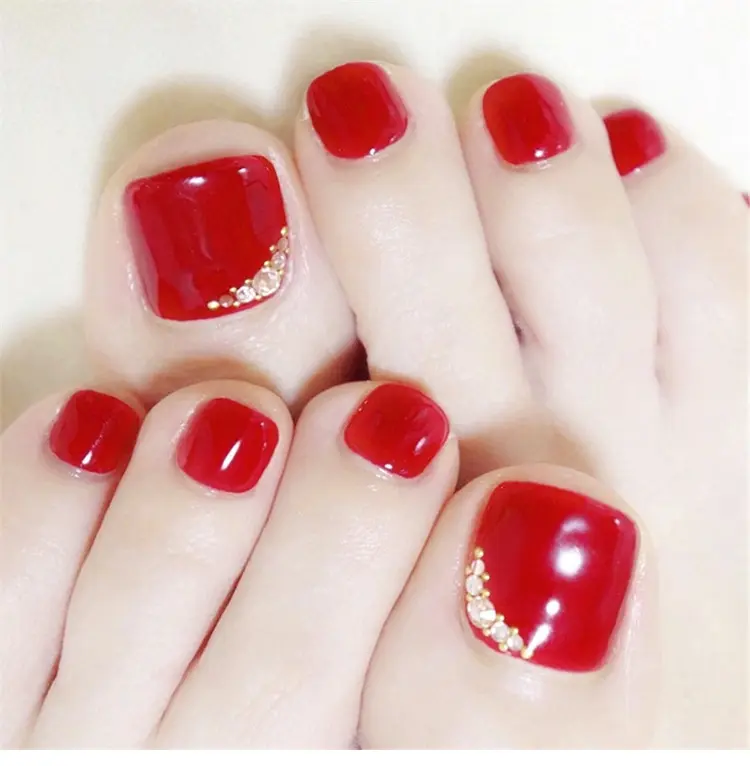 Red Solid Color Rhinestone False Toe Nails Chic Press on ToeNails Short Square Full Cover 24PCS Toenails for Women