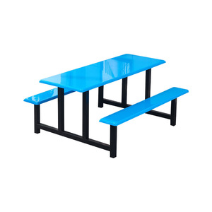 Stainless Steel Dining Table Set 4 Person Canteen Restaurant Furniture With Benches Blue Top Metal Frame - Product Image 3