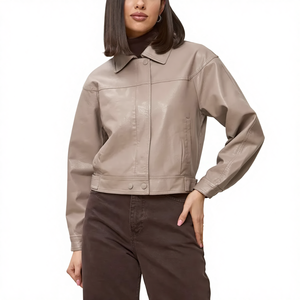 Retro revers bruin leren PU korte motorjas met 3D-patroon, knoopsluiting, casual, <span class=keywords><strong>petite</strong></span>, veelzijdige damesblouse - Product Image 1